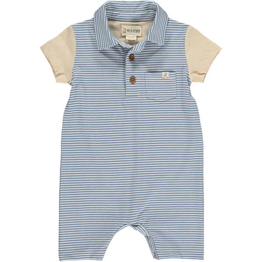 Saltash Stripe Polo Romper - Blue/White/Tan