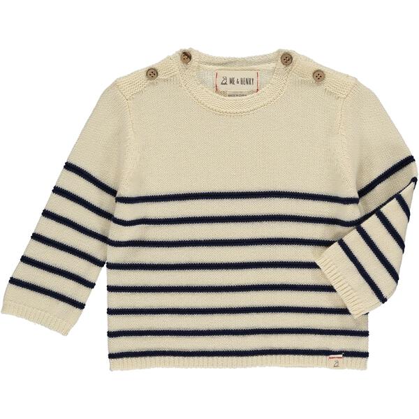 Breton Stripe Double Button Shoulders Sweater - Cream/Navy