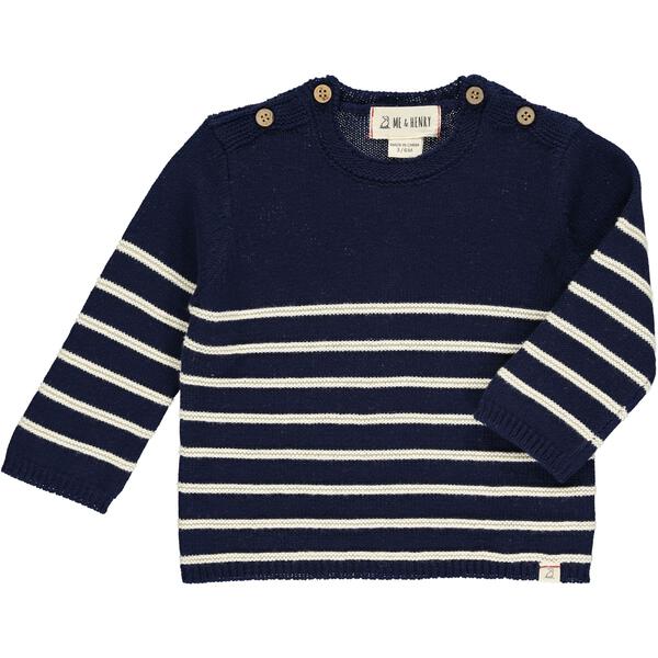 Breton Stripe Double Button Shoulders Sweater - Navy/Cream