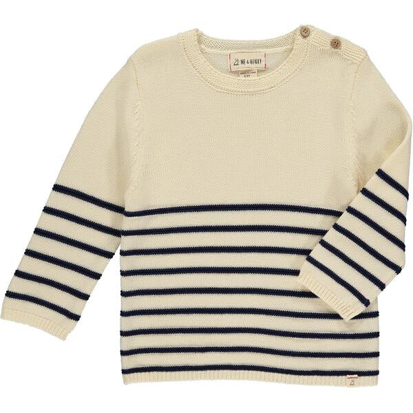 Breton Stripe Double Button Single Shoulder Sweater - Cream/Navy