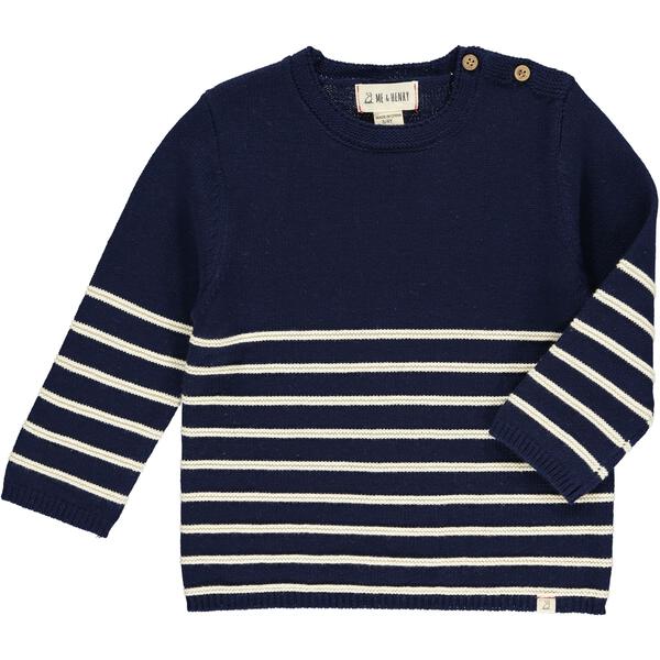 Breton Stripe Double Button Single Shoulder Sweater - Navy/Cream