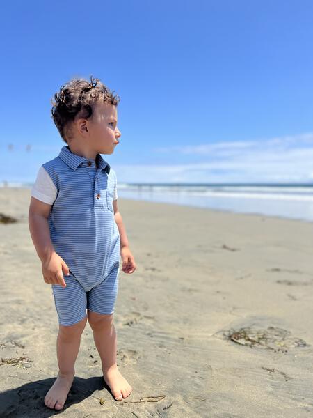 Saltash Stripe Polo Romper - Blue/White