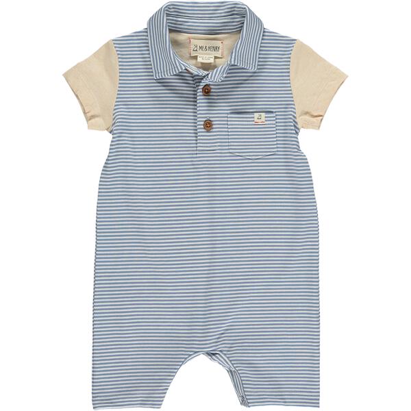 Saltash Stripe Polo Romper - Blue/White/Tan