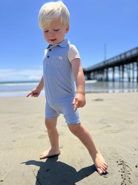 Saltash Stripe Polo Romper - Blue/White/Tan