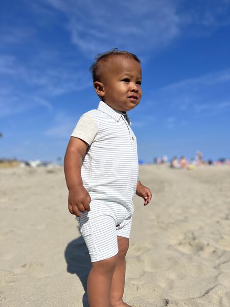 Saltash Stripe Polo Romper - Grey/White/Tan